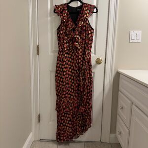 Saloni Anita Red Gold Black Ruffle Sleeveless Midi Dress US 8 UK 12